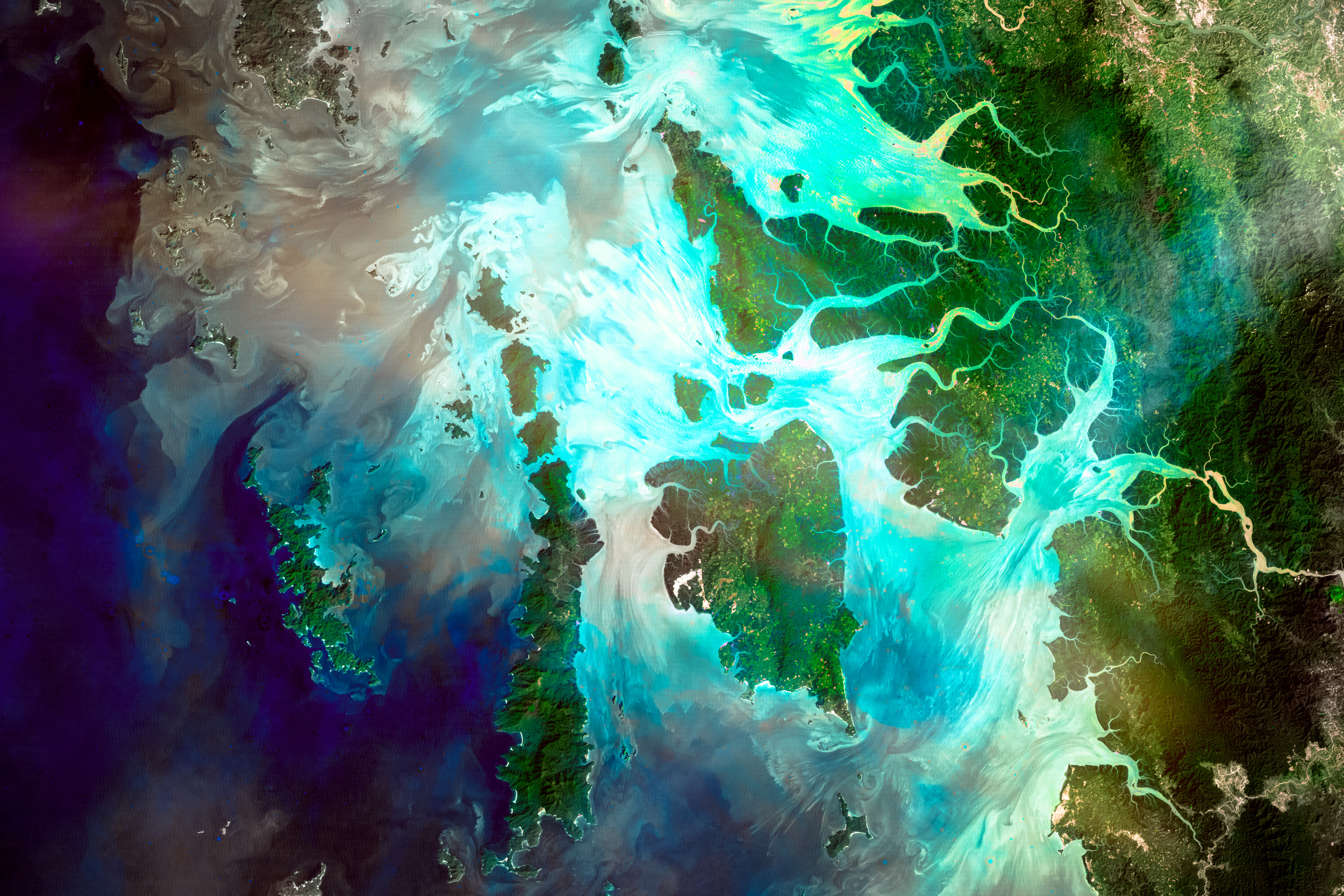 Satellite view of the Irrawady river delta, Myanmar